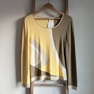 ESCADA Geo Print Tan/Yellow/White Scoop Neck Tie Waist Vintage Top sz: 40 NWT